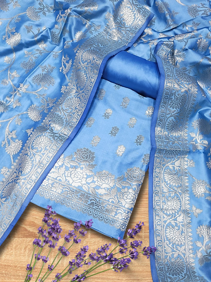 Chhabra 555 Banarasi Satin Silk Dress Material with Floral Rose Zari Weave & Tasseled dupatta 