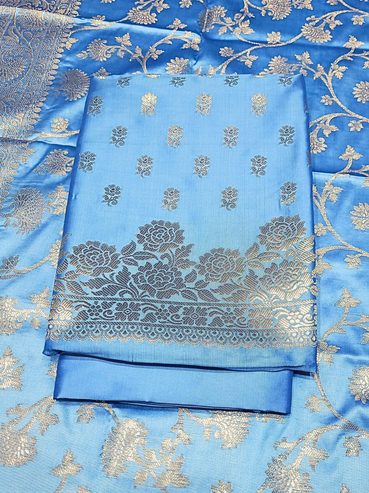Banarasi Satin Silk Dress Material with Floral Rose Zari Weave & Tasseled dupatta