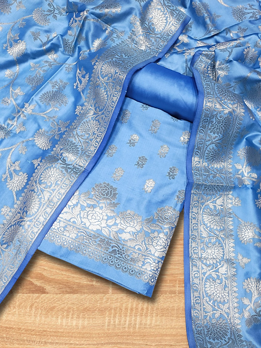 Banarasi Satin Silk Dress Material with Floral Rose Zari Weave & Tasseled dupatta