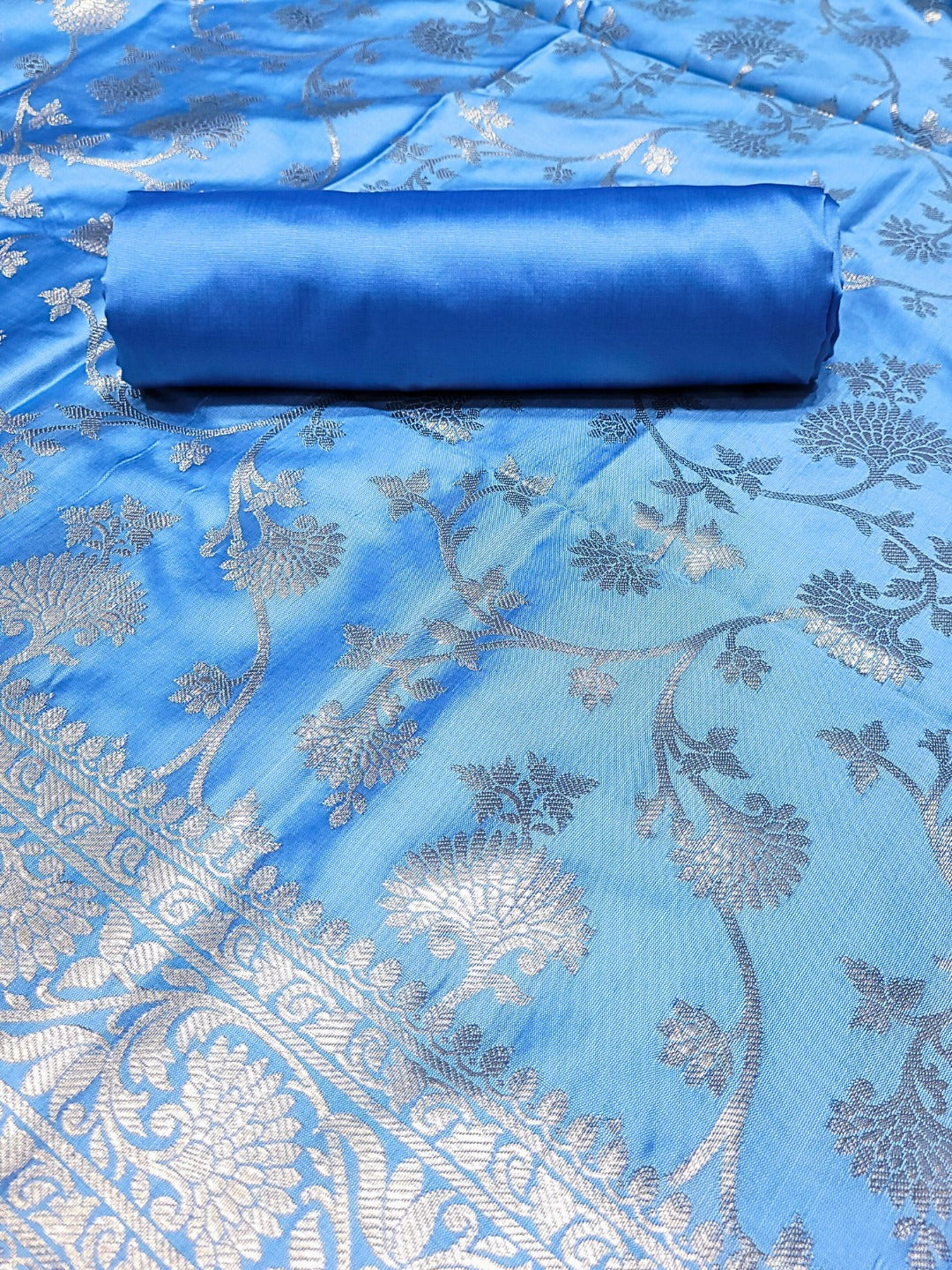 Banarasi Satin Silk Dress Material with Floral Rose Zari Weave & Tasseled dupatta