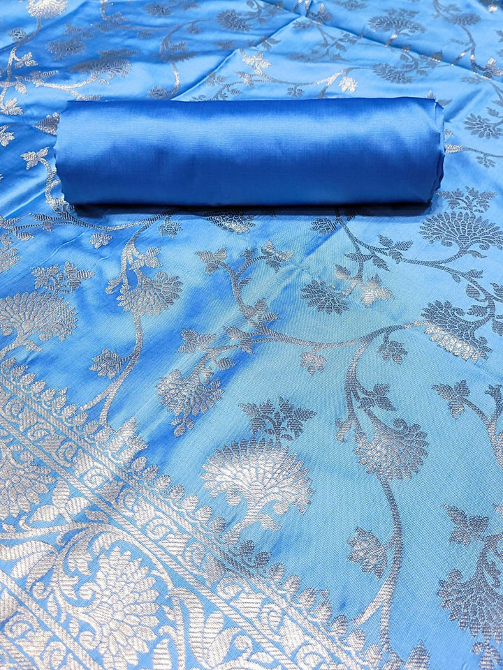 Banarasi Satin Silk Dress Material with Floral Rose Zari Weave & Tasseled dupatta