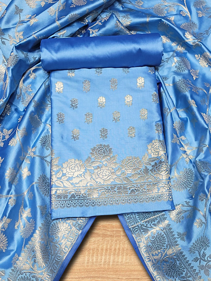 Banarasi Satin Silk Dress Material with Floral Rose Zari Weave & Tasseled dupatta