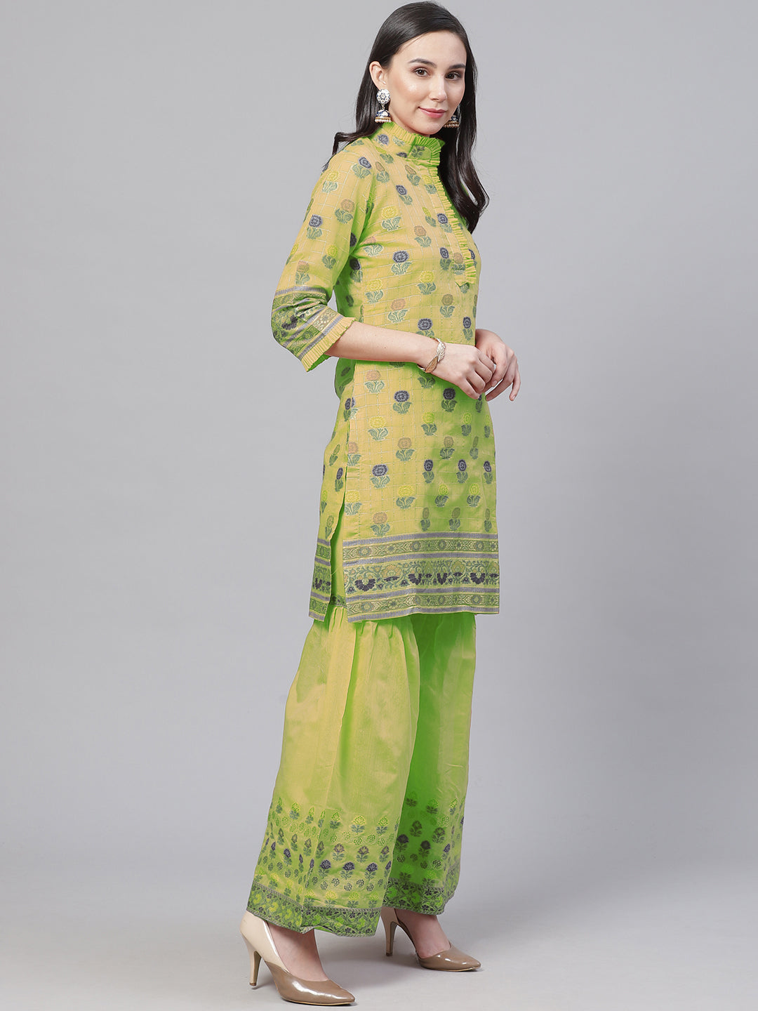 Green Handloom Chanderi Unstitched Suit Set with Zari Resham Weaving