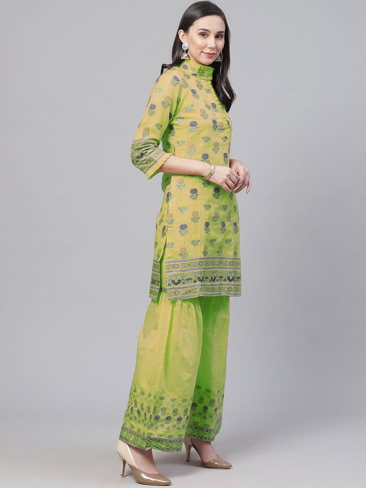 Green Handloom Chanderi Unstitched Suit Set with Zari Resham Weaving
