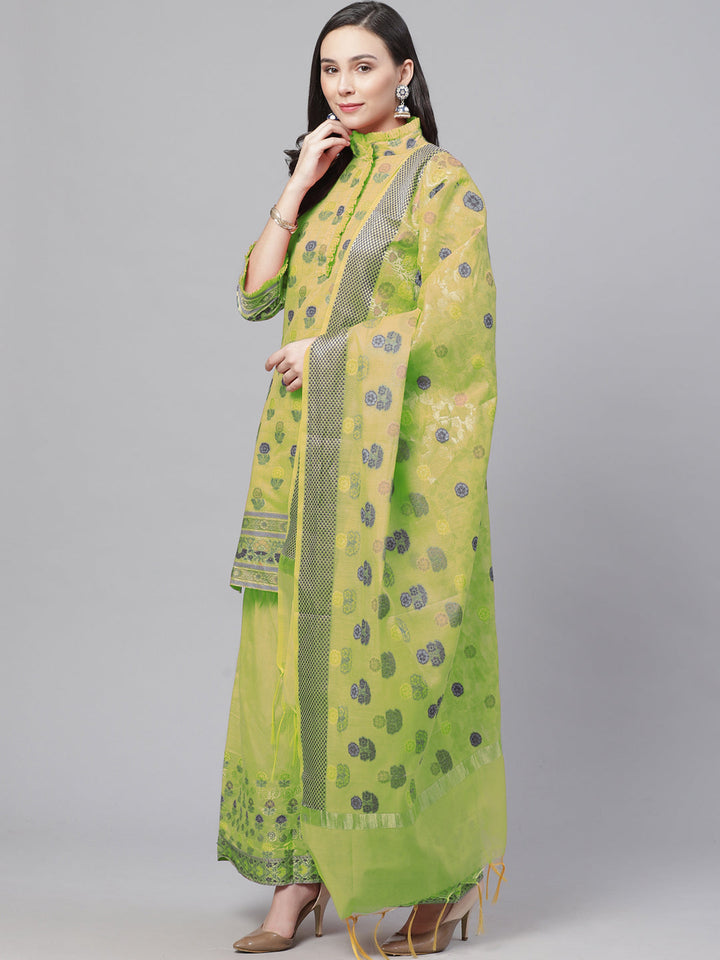 Green Handloom Chanderi Unstitched Suit Set with Zari Resham Weaving