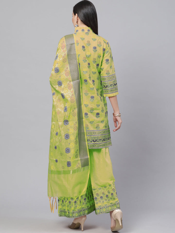 Green Handloom Chanderi Unstitched Suit Set with Zari Resham Weaving