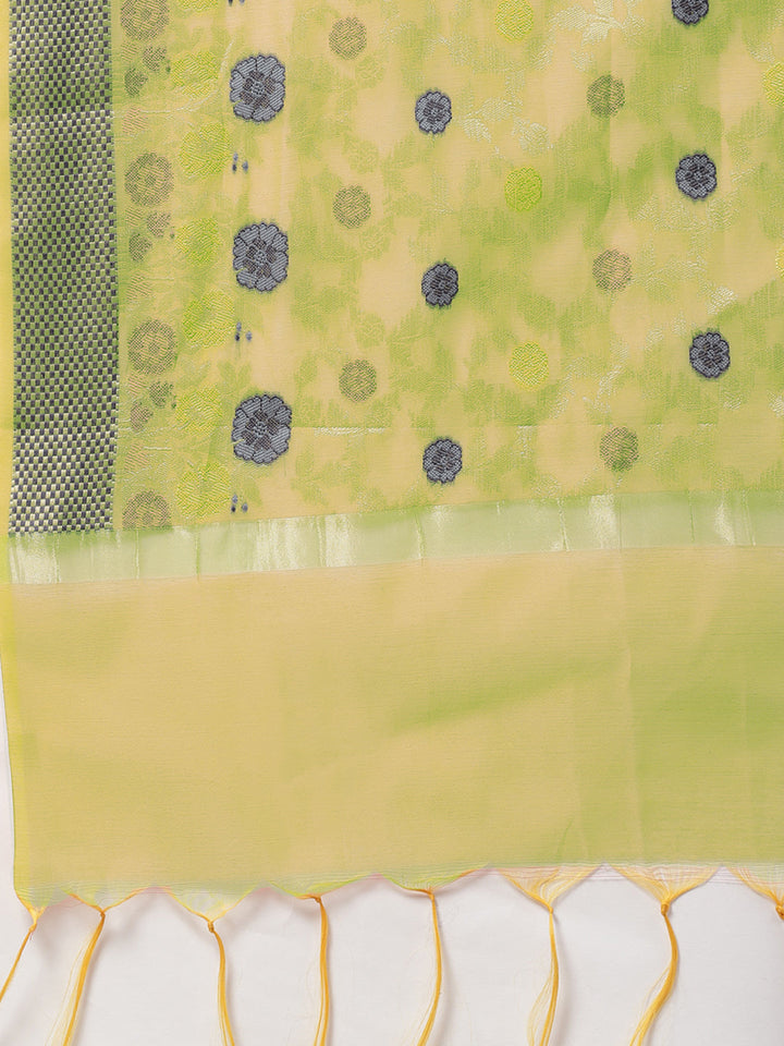 Green Handloom Chanderi Unstitched Suit Set with Zari Resham Weaving