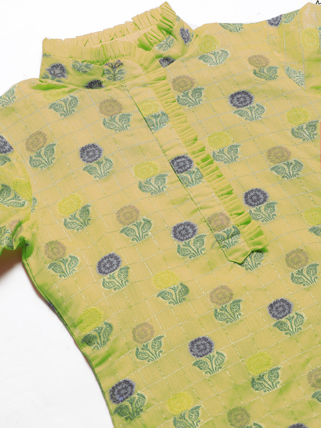 Green Handloom Chanderi Unstitched Suit Set with Zari Resham Weaving