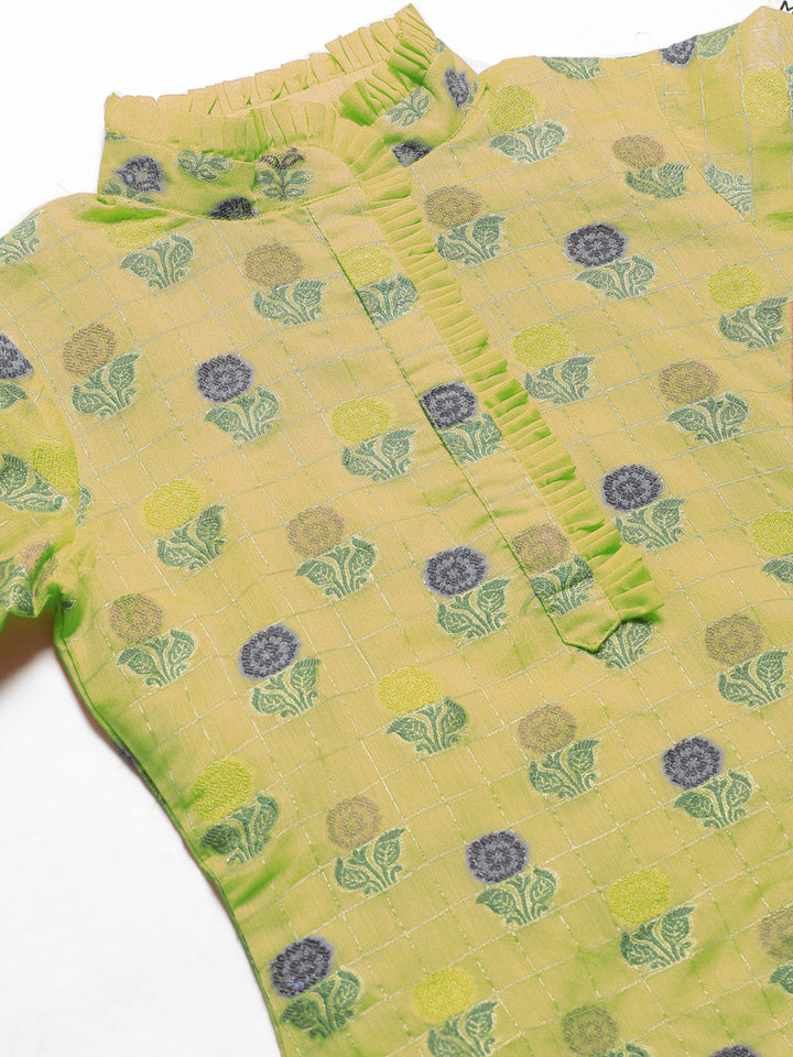 Green Handloom Chanderi Unstitched Suit Set with Zari Resham Weaving