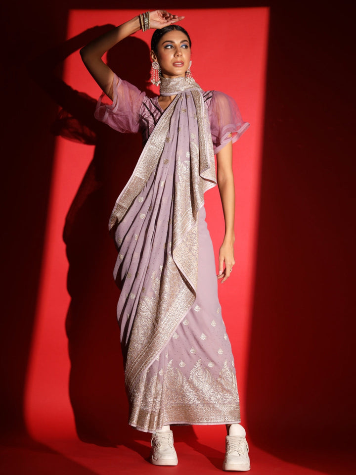 Pastel Zari Embroidered & Crystal Studded Georgette Party Wear Saree