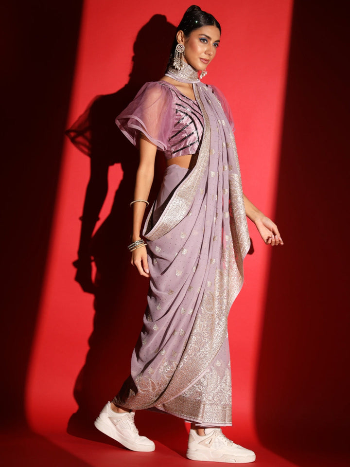 Pastel Zari Embroidered & Crystal Studded Georgette Party Wear Saree