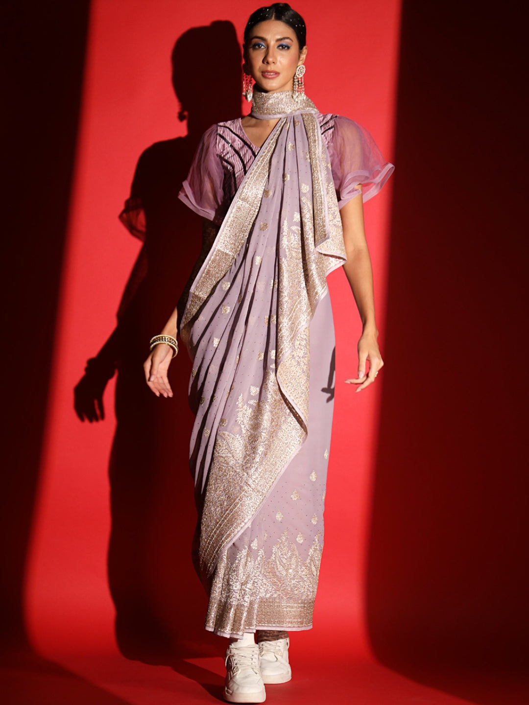 Pastel Zari Embroidered & Crystal Studded Georgette Party Wear Saree