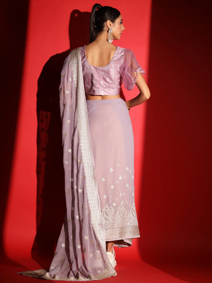 Pastel Zari Embroidered & Crystal Studded Georgette Party Wear Saree