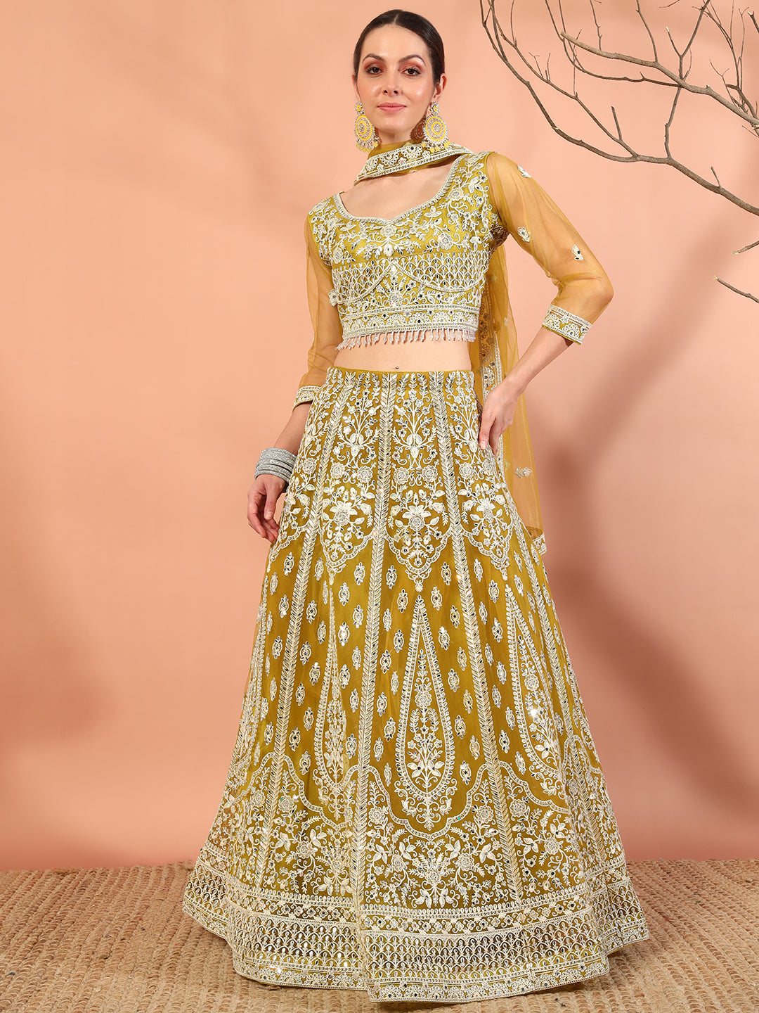 Haldi Mustard Thread Embroidery & Mirror Work Tasseled Lehenga Set with Paisley Motifs