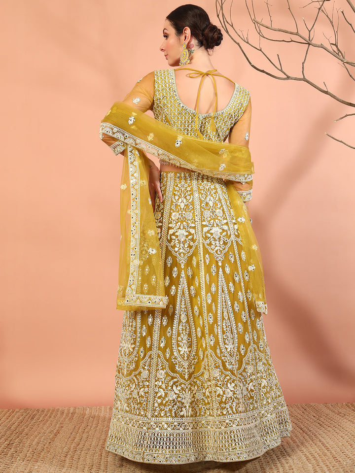Haldi Mustard Thread Embroidery & Mirror Work Tasseled Lehenga Set with Paisley Motifs