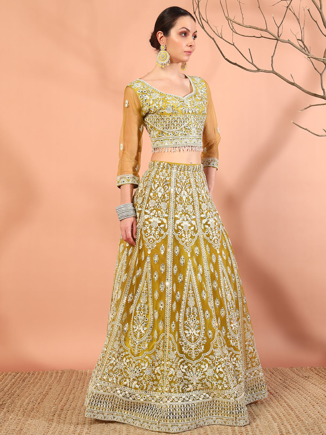 Haldi Mustard Thread Embroidery & Mirror Work Tasseled Lehenga Set with Paisley Motifs