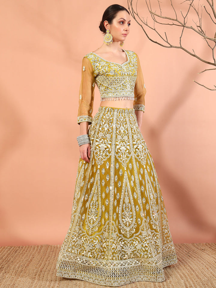 Haldi Mustard Thread Embroidery & Mirror Work Tasseled Lehenga Set with Paisley Motifs