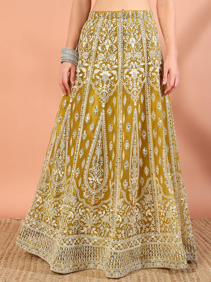 Haldi Mustard Thread Embroidery & Mirror Work Tasseled Lehenga Set with Paisley Motifs
