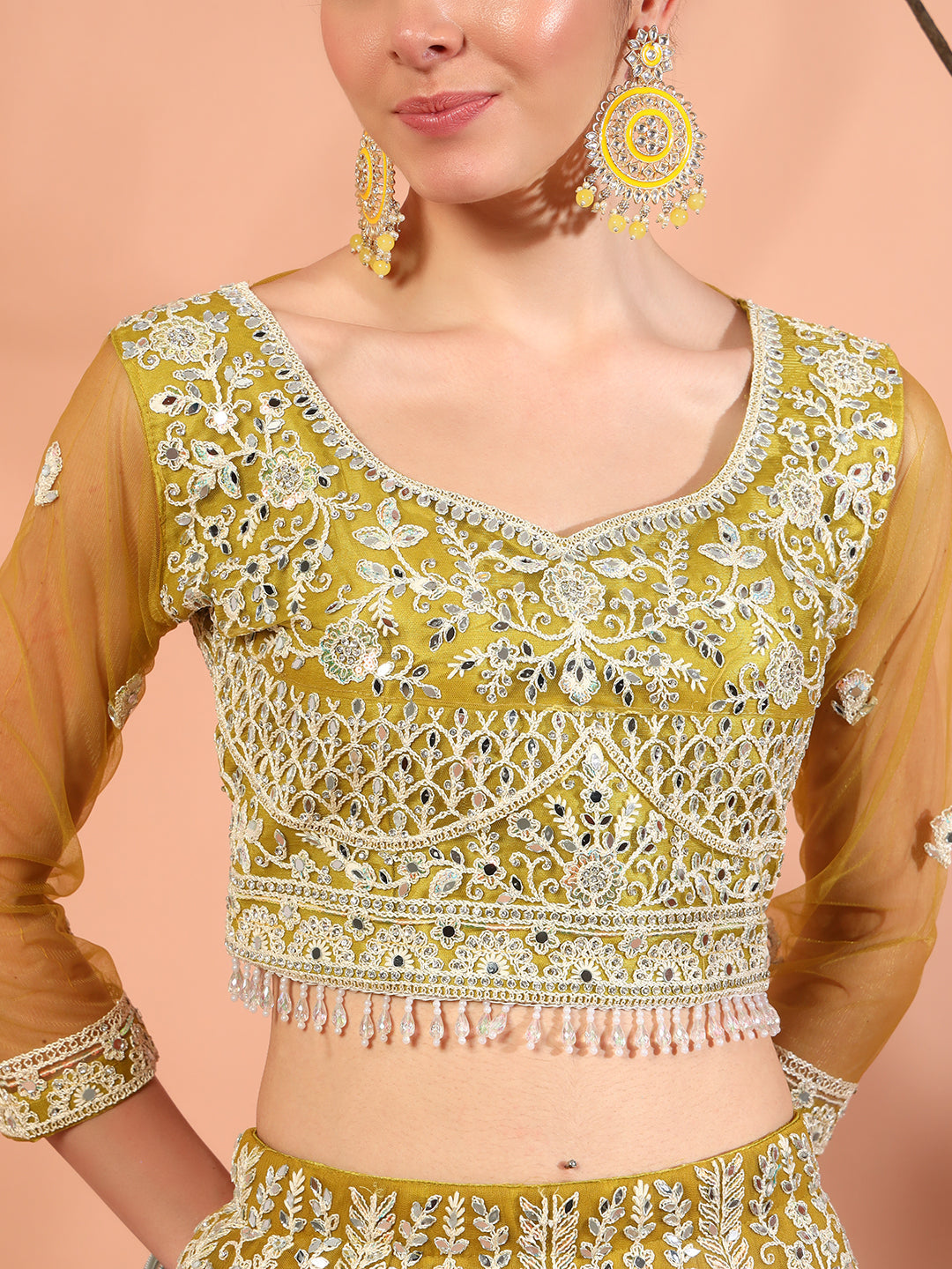 Haldi Mustard Thread Embroidery & Mirror Work Tasseled Lehenga Set with Paisley Motifs