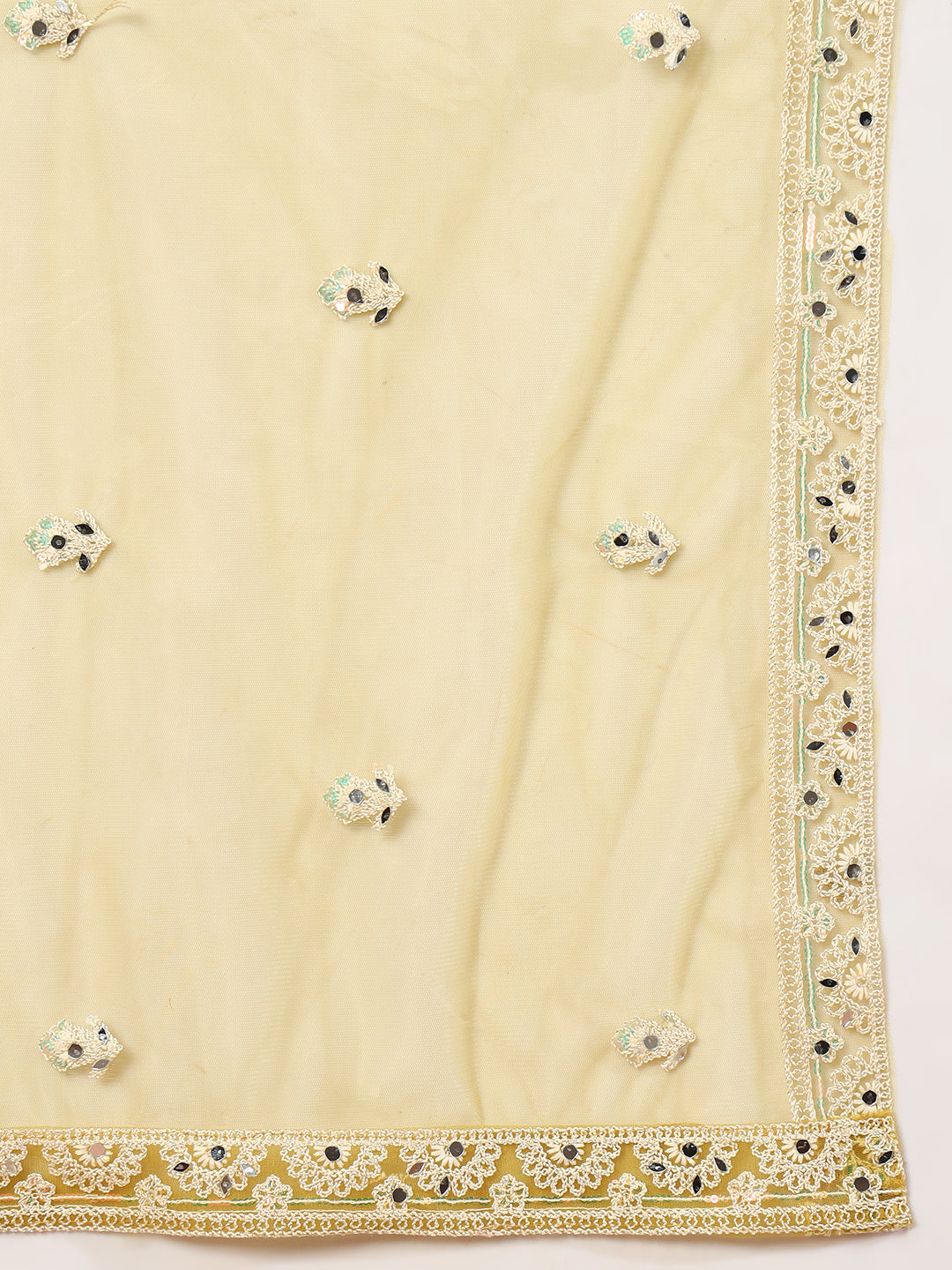 Haldi Mustard Thread Embroidery & Mirror Work Tasseled Lehenga Set with Paisley Motifs