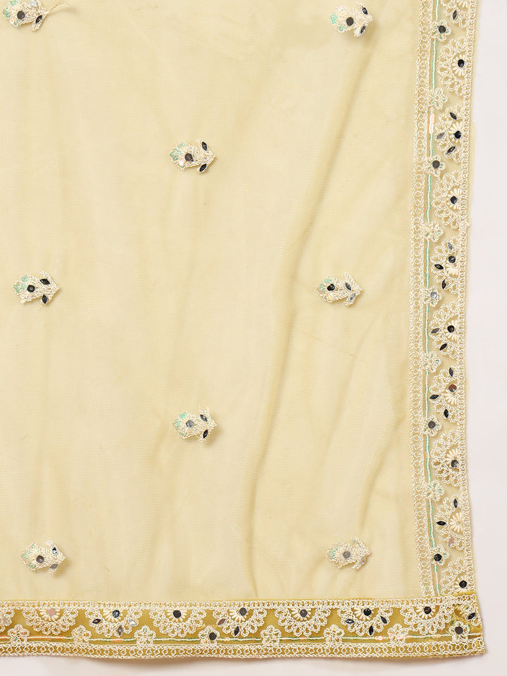 Haldi Mustard Thread Embroidery & Mirror Work Tasseled Lehenga Set with Paisley Motifs