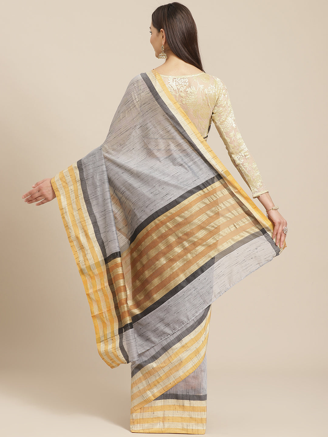 Grey Mangalagiri Jute Silk Saree with Colorblocked Contrast Color Striped Border & Pallu
