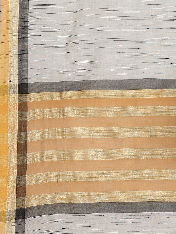 Grey Mangalagiri Jute Silk Saree with Colorblocked Contrast Color Striped Border & Pallu
