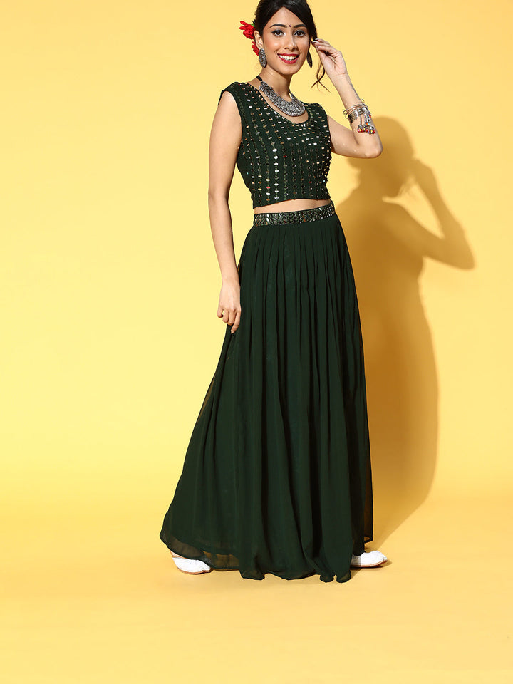 Bottle Green Mirror Work Embellished Lehanga Choli Set With Jacket