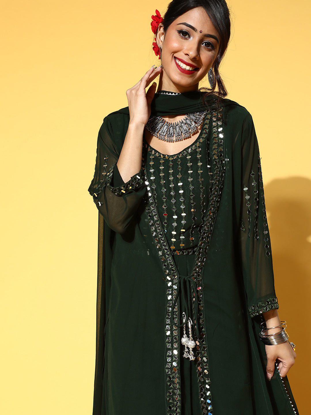 Bottle Green Mirror Work Embellished Jacket with Crop top and Skirt