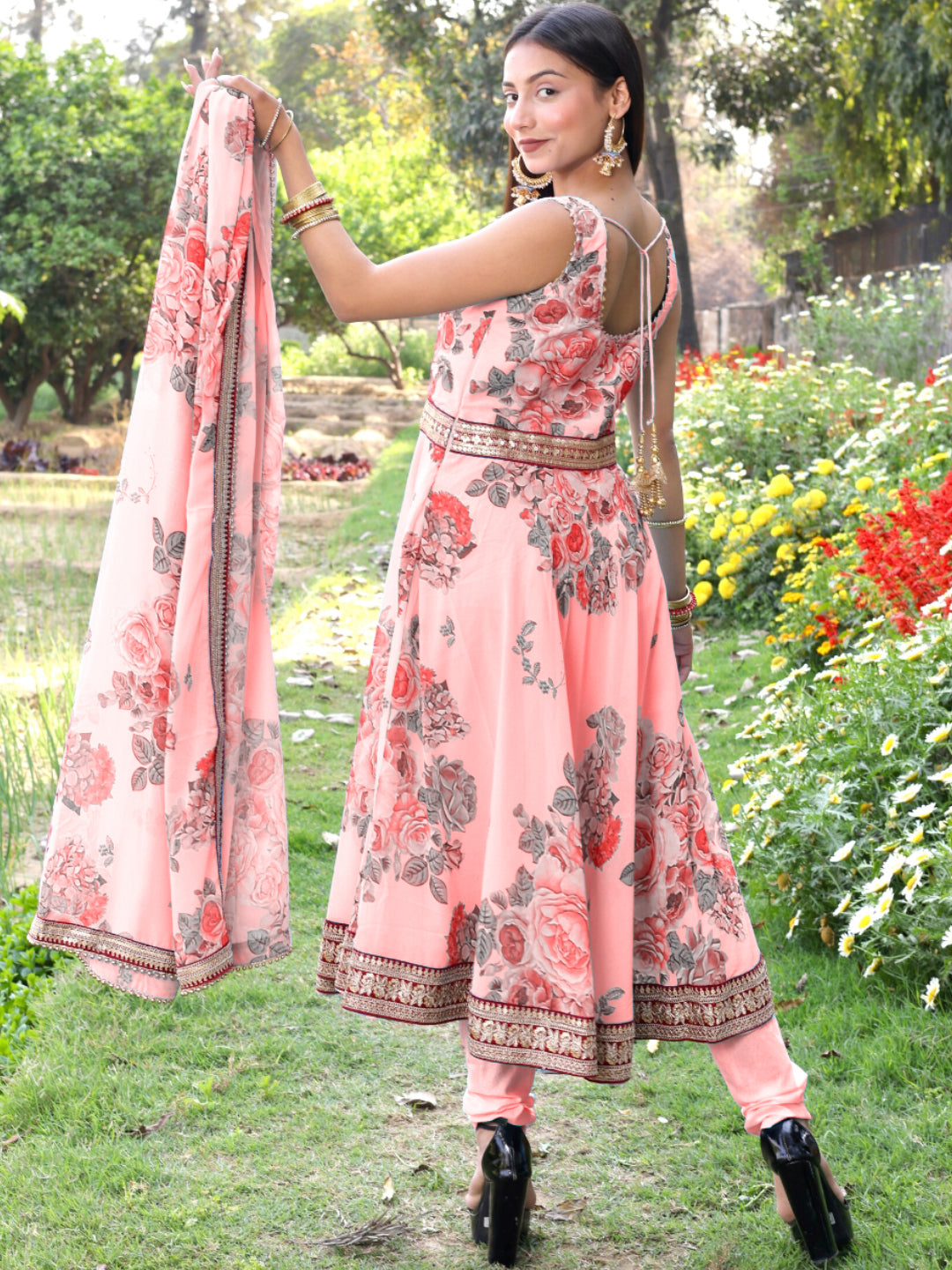 Floral Print Georgette Anarkali Suit Set With Sequin Embroidery