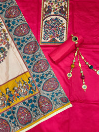 Chhabra 555 Mirror Embellished Kalamkari Print Dress Material with Animal & Human Figure Motifs