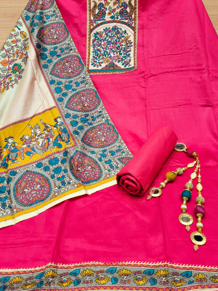 Mirror Embellished Kalamkari Print Dress Material with Animal & Human Figure Motifs