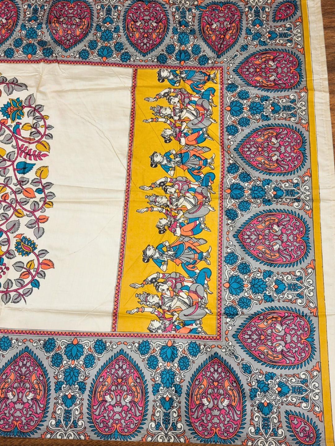Mirror Embellished Kalamkari Print Dress Material with Animal & Human Figure Motifs