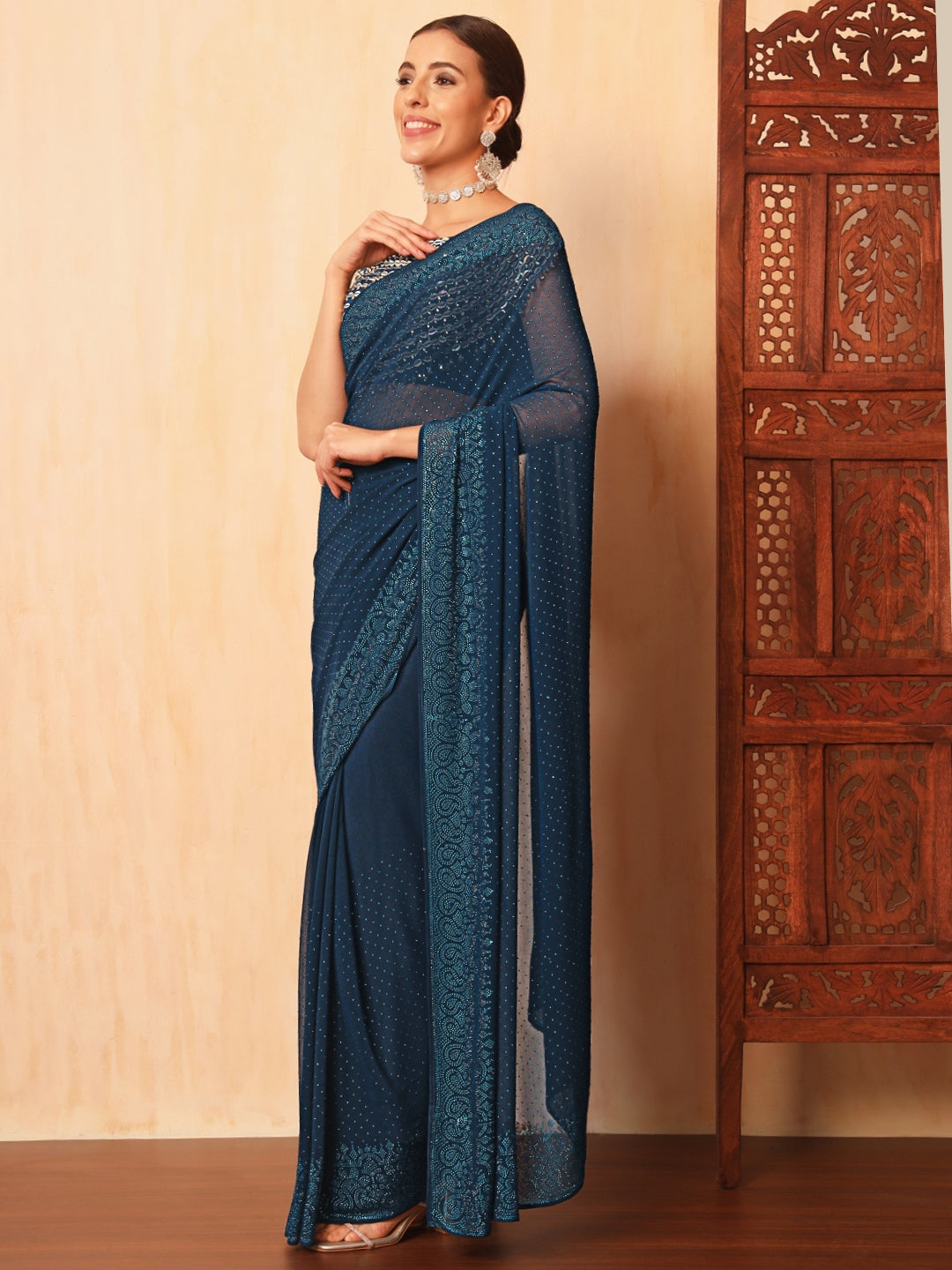 Persian Blue Crystal Embellished Georgette Cocktail Bling Saree