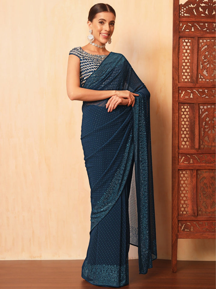 Persian Blue Crystal Embellished Georgette Cocktail Bling Saree