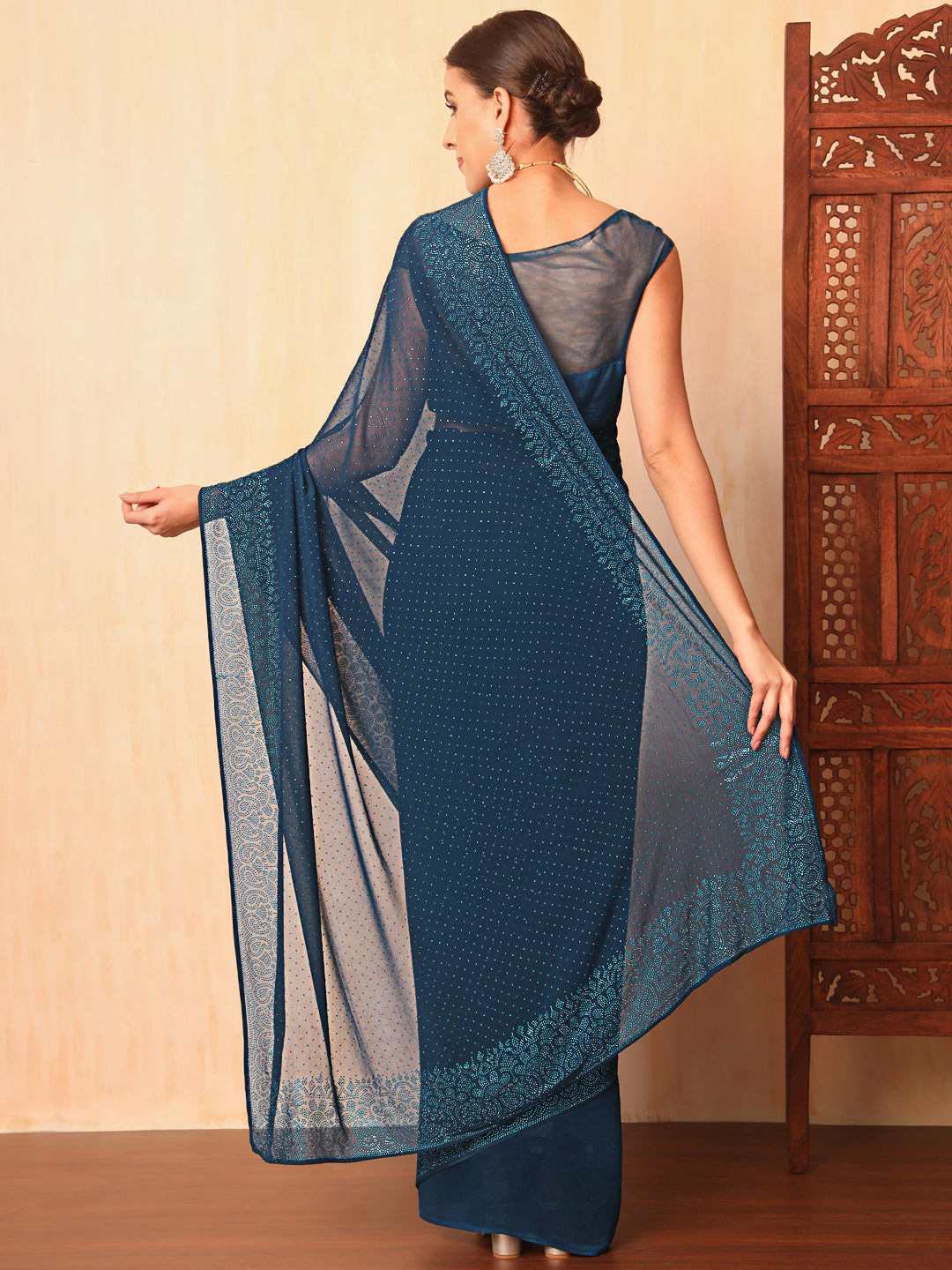 Persian Blue Crystal Embellished Georgette Cocktail Bling Saree