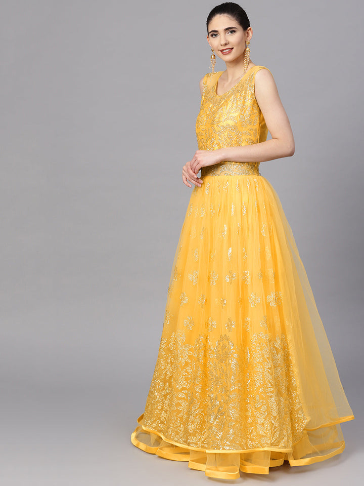Sequin Embroidered Gown with Layered Hemline