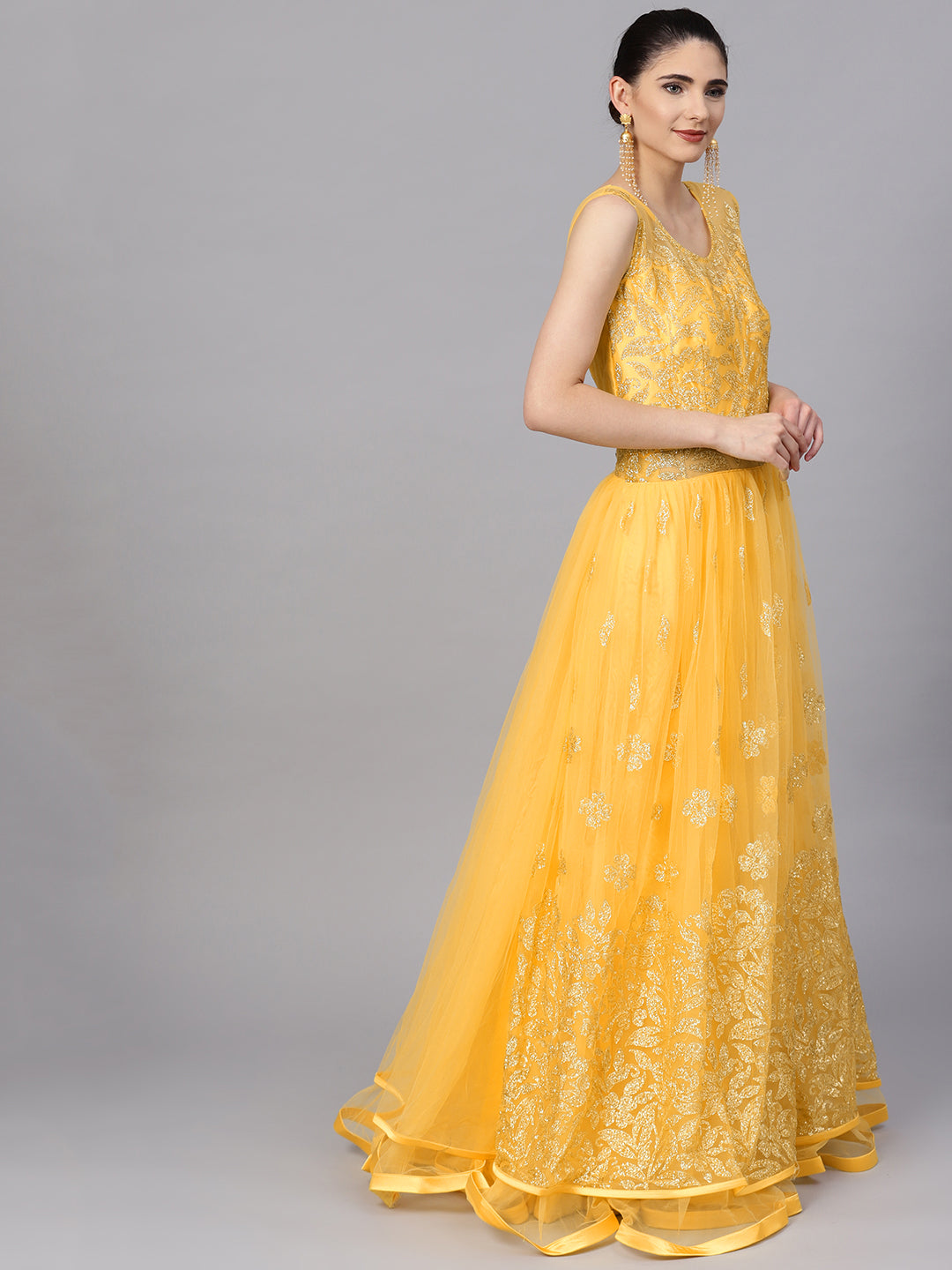 Sequin Embroidered Gown with Layered Hemline