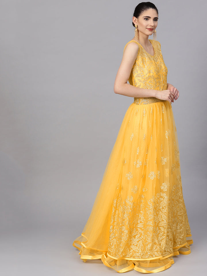 Sequin Embroidered Gown with Layered Hemline