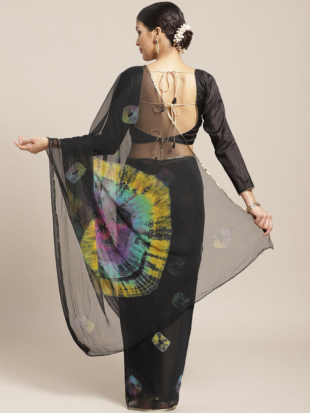 Chiffon Bandhani Saree with Gharchola pattern and Zari Gold Border