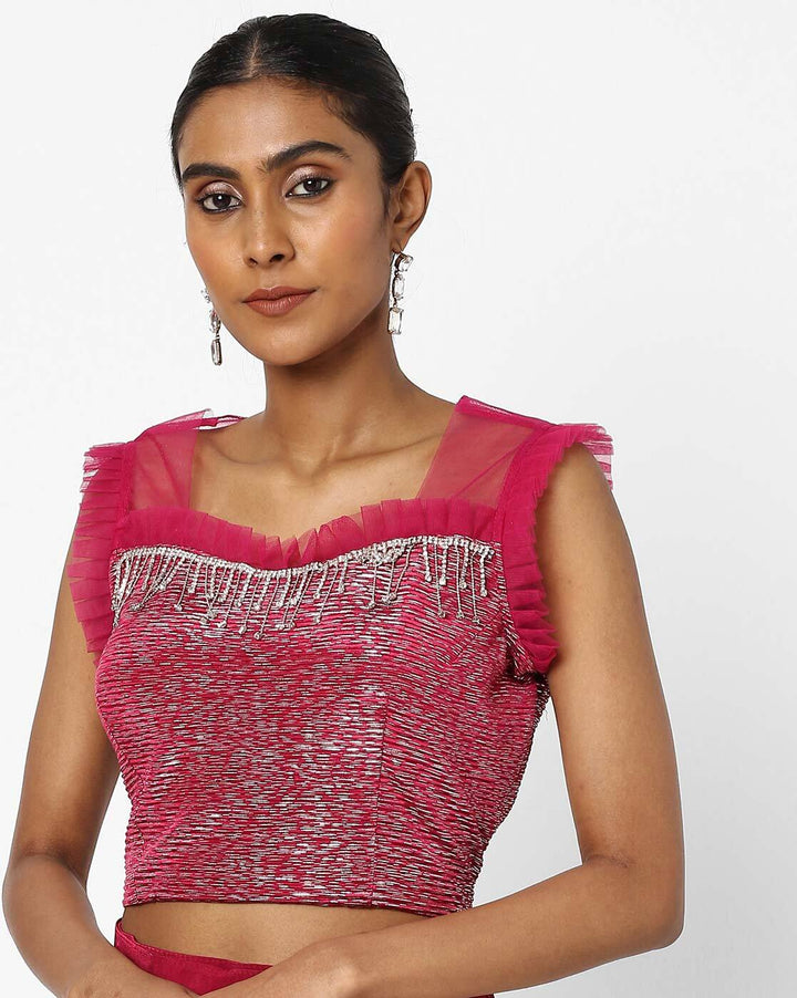 Made to Measure Maroon Ruffled Saree & Stylish Embellished Frills Blouse With Tassels