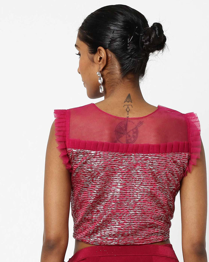 Made to Measure Maroon Ruffled Saree & Stylish Embellished Frills Blouse With Tassels