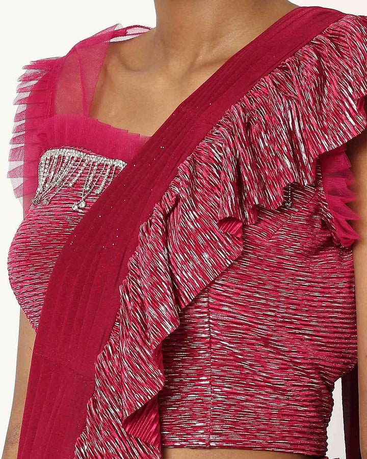 Made to Measure Maroon Ruffled Saree & Stylish Embellished Frills Blouse With Tassels