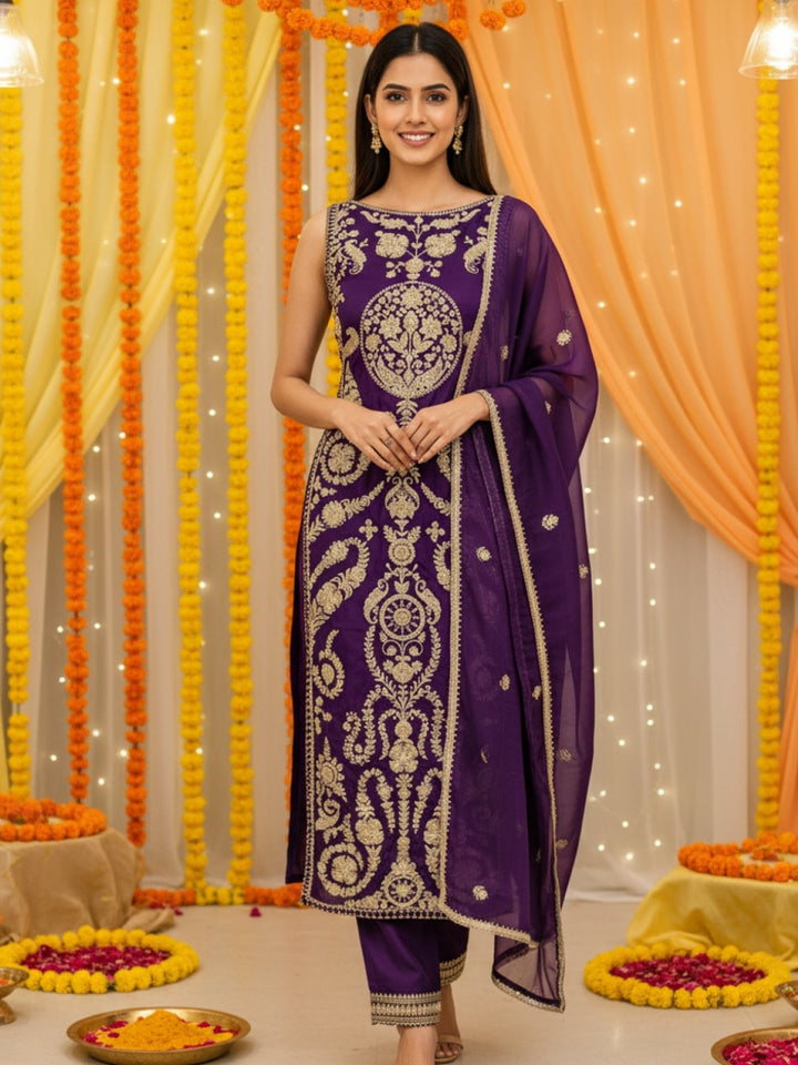 Mughal Inspired Straight Kurta Pant Set with Heavy Golden Zari & Sequin Embroidery