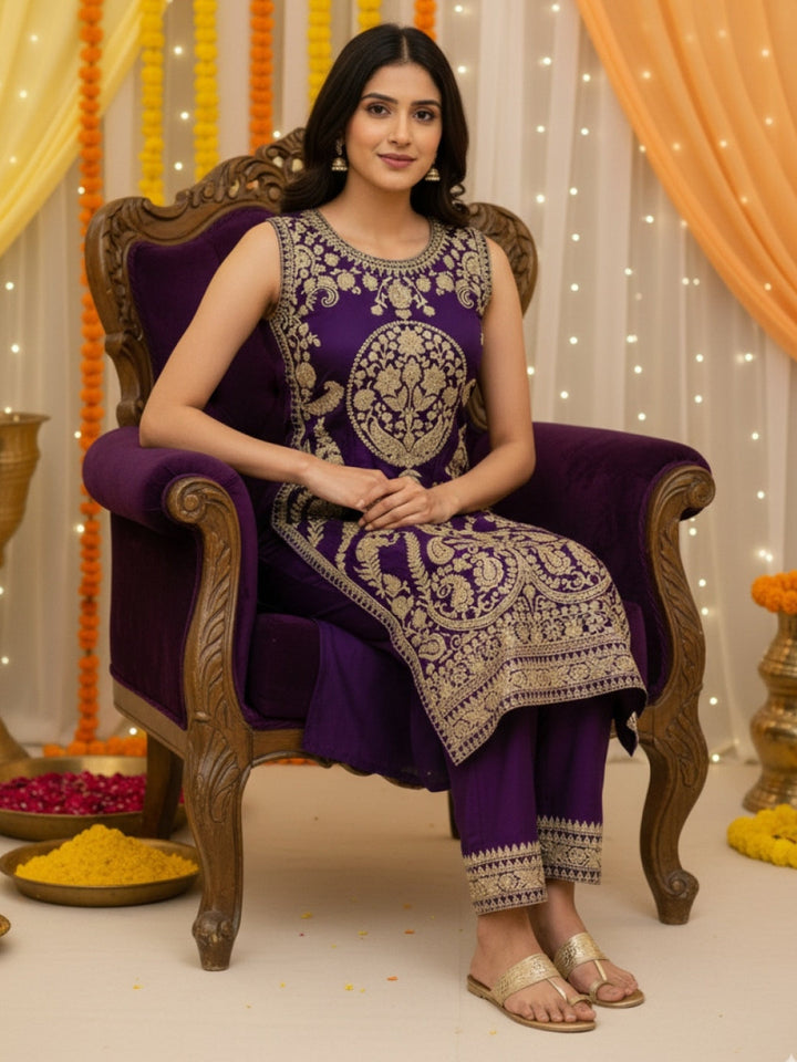 Mughal Inspired Straight Kurta Pant Set with Heavy Golden Zari & Sequin Embroidery