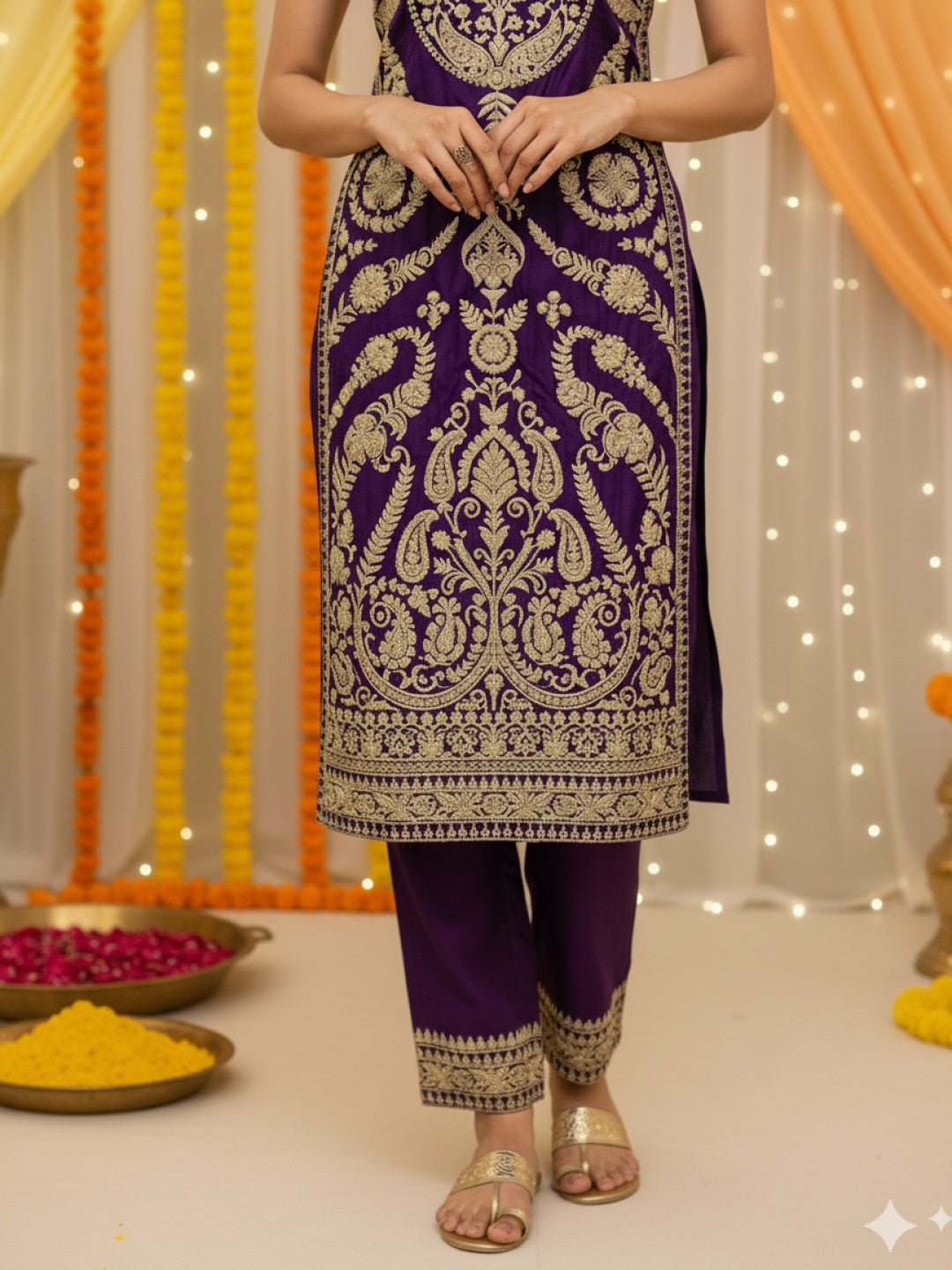 Mughal Inspired Straight Kurta Pant Set with Heavy Golden Zari & Sequin Embroidery