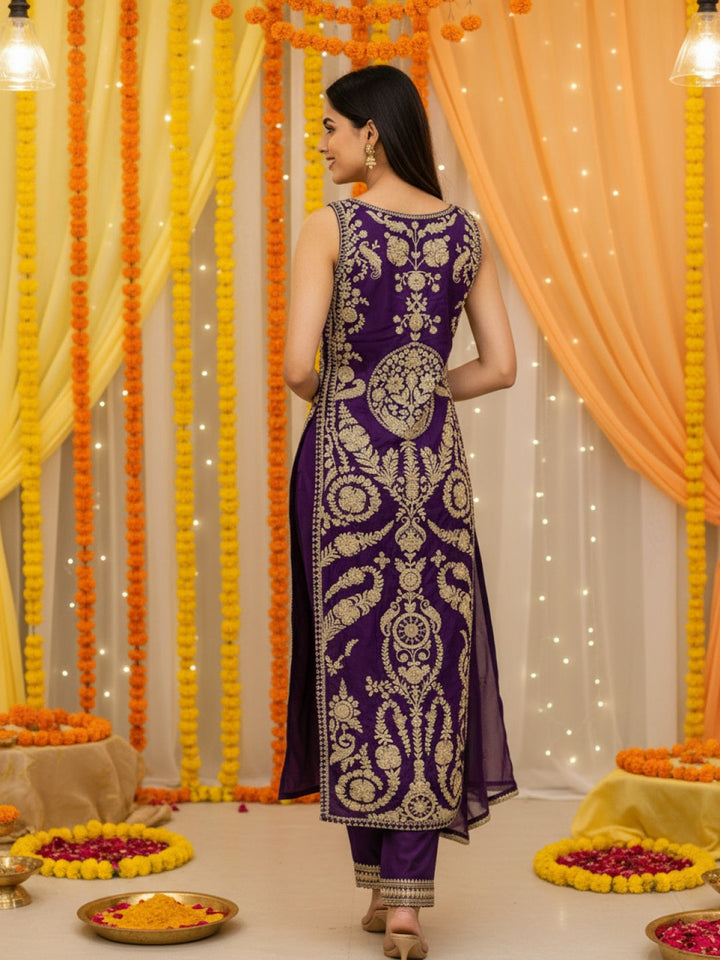 Mughal Inspired Straight Kurta Pant Set with Heavy Golden Zari & Sequin Embroidery