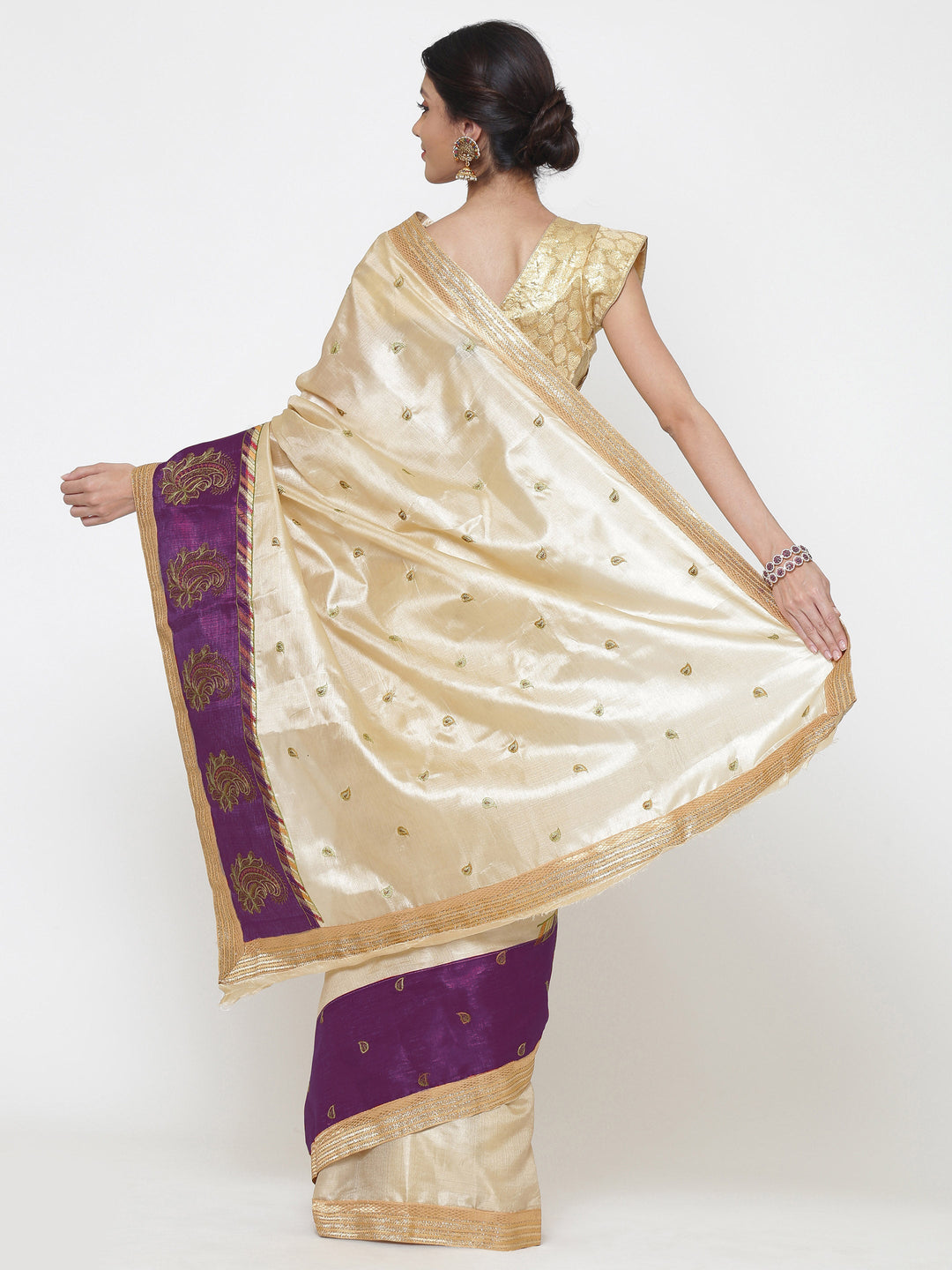 Tussar Handloom Banarasi Saree with Contrast Border & Resham Paisley Embroidery