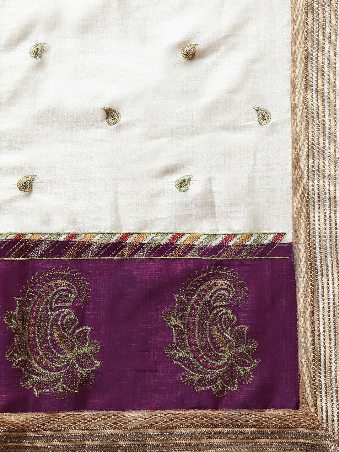 Tussar Handloom Banarasi Saree with Contrast Border & Resham Paisley Embroidery