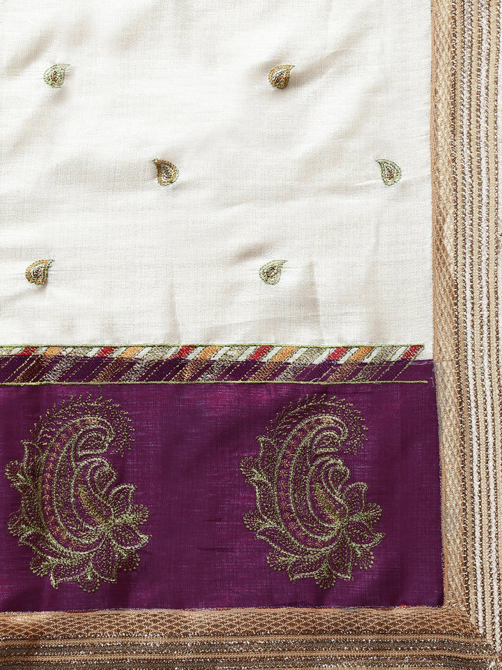 Tussar Handloom Banarasi Saree with Contrast Border & Resham Paisley Embroidery